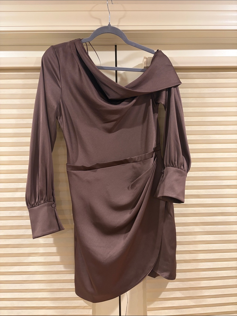 NWOT Simkhai Chocolate Brown Draped Satin Mini Dress, Size US 6